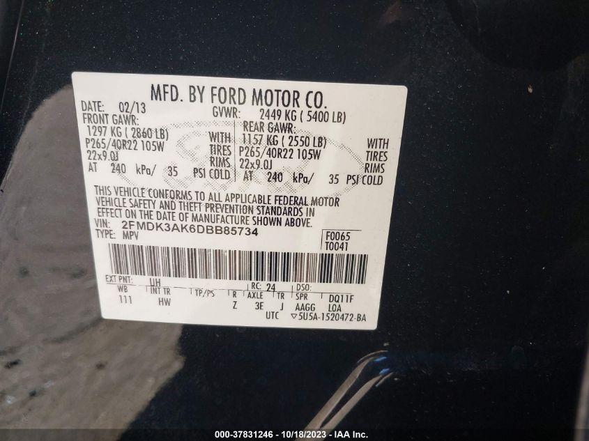 2013 Ford Edge Sport VIN: 2FMDK3AK6DBB85734 Lot: 37831246