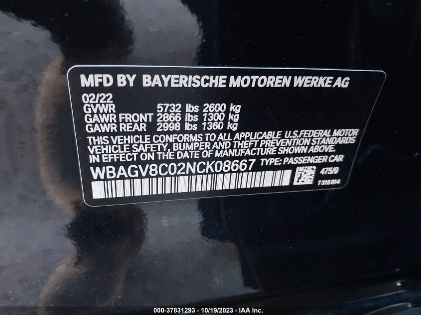 2022 BMW M850I Gtan Coupe xDrive VIN: WBAGV8C02NCK08667 Lot: 37831293