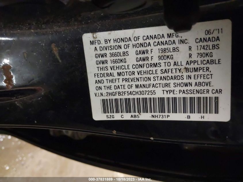 2HGFB2F54CH307255 2012 Honda Civic Sdn Lx