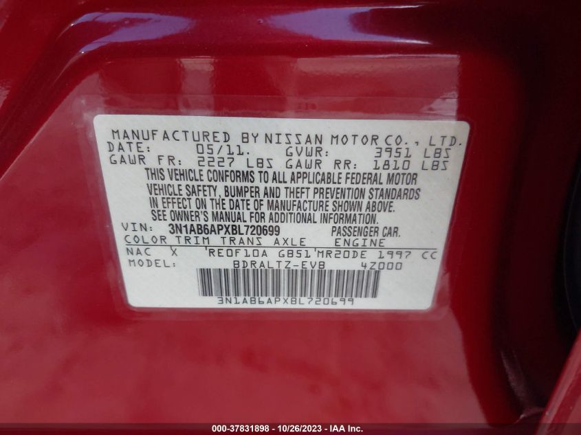 2011 Nissan Sentra 2.0 S VIN: 3N1AB6APXBL720699 Lot: 37831898