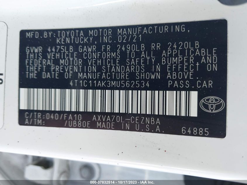 4T1C11AK3MU562534 2021 Toyota Camry Le