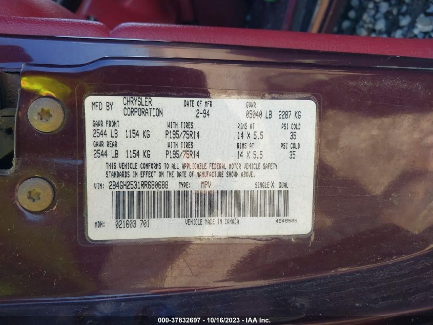 2B4GH2531RR680688 1994 Dodge Caravan