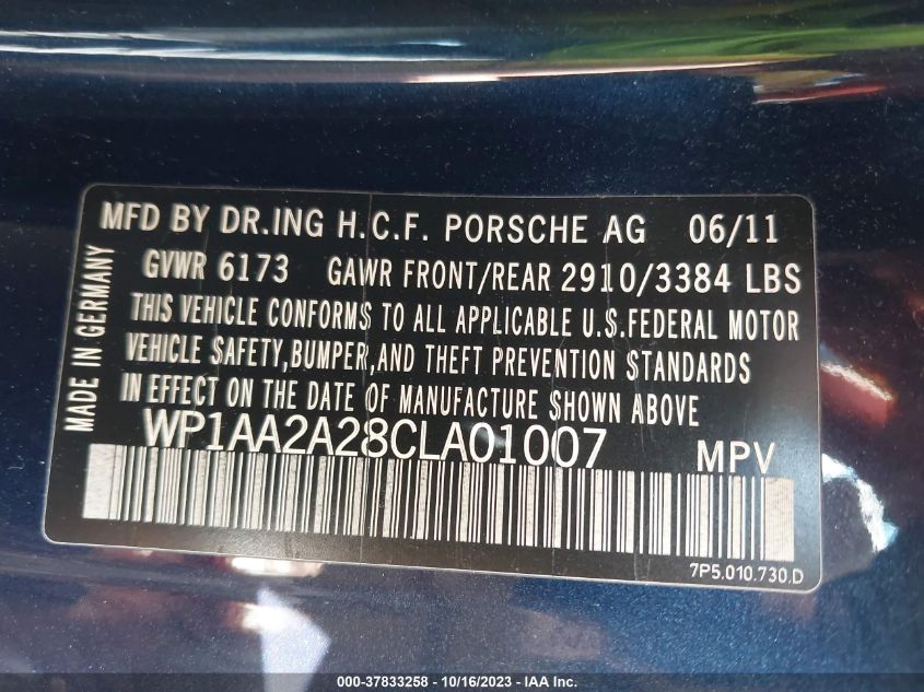 2012 Porsche Cayenne VIN: WP1AA2A28CLA01007 Lot: 37833258