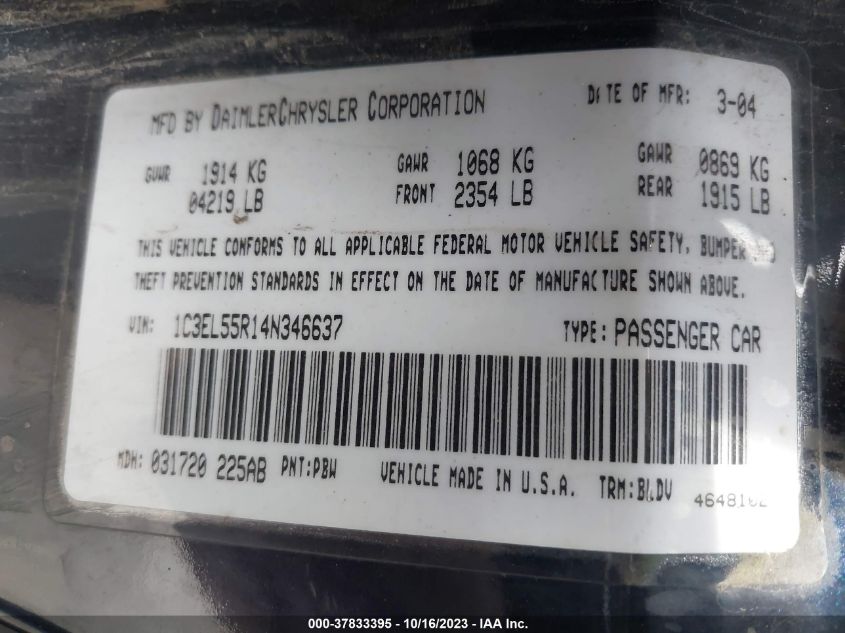 2004 Chrysler Sebring Lxi VIN: 1C3EL55R14N346637 Lot: 37833395