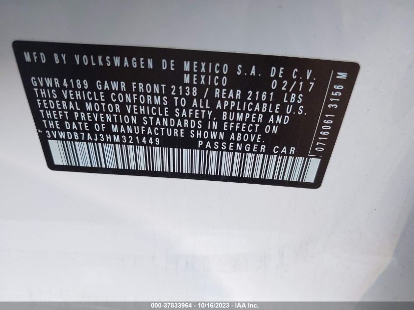 2017 Volkswagen Jetta 1.4T Se VIN: 3VWDB7AJ3HM321449 Lot: 37833964