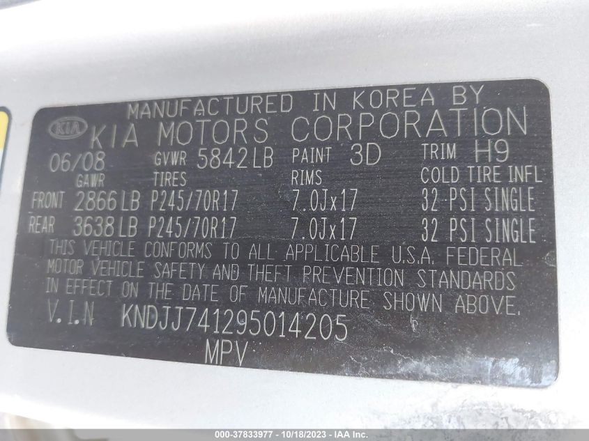 2009 Kia Borrego Lx VIN: KNDJJ741295014205 Lot: 37833977