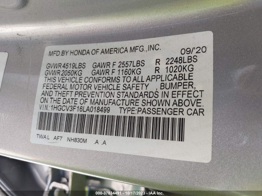 1HGCV3F16LA018499 2020 Honda Accord Hybrid