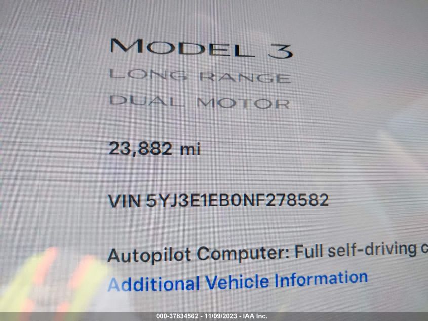 2022 Tesla Model 3 Long Range VIN: 5YJ3E1EB0NF278582 Lot: 37834562