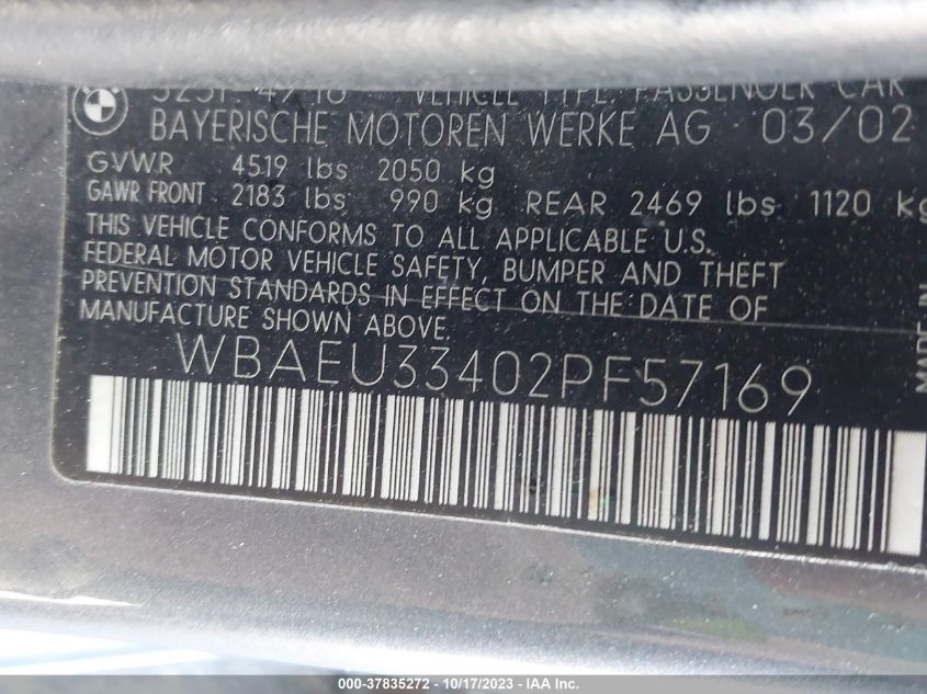 2002 BMW 3 Series 325Xi VIN: WBAEU33402PF57169 Lot: 37835272