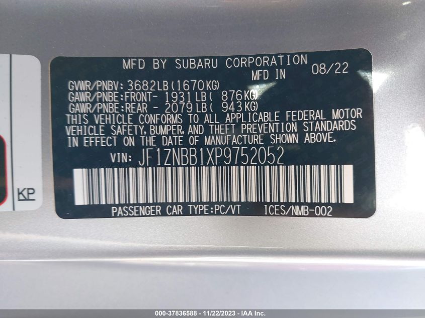 2023 Toyota Gr86 VIN: JF1ZNBB1XP9752052 Lot: 37836588