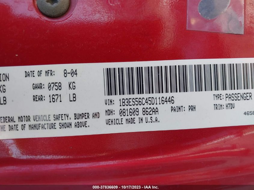 2005 Dodge Neon Sxt VIN: 1B3ES56C45D116446 Lot: 37836609