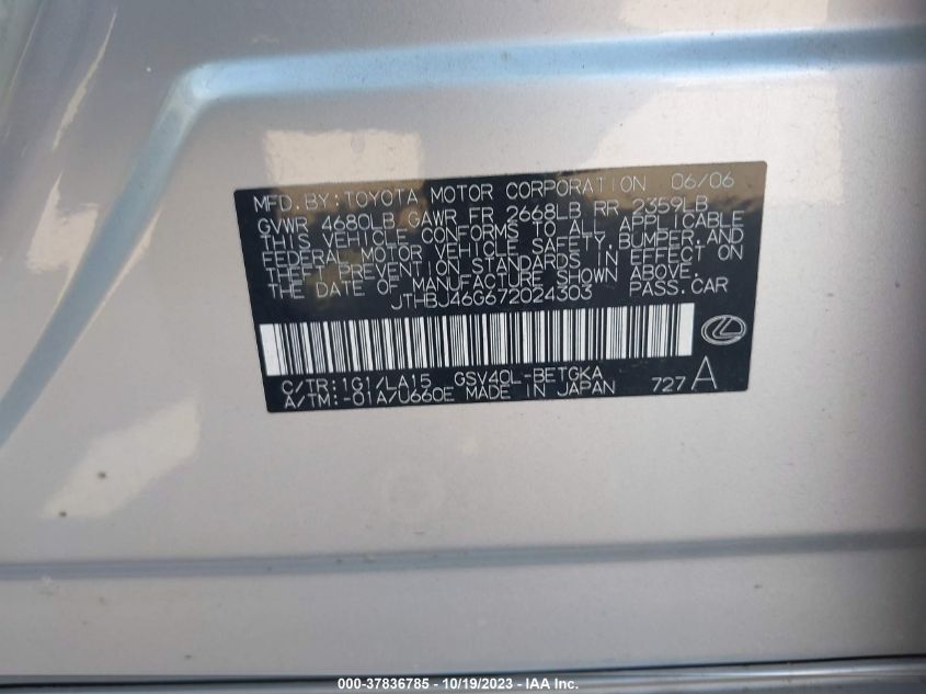 2007 Lexus Es 350 VIN: JTHBJ46G672024303 Lot: 37836785