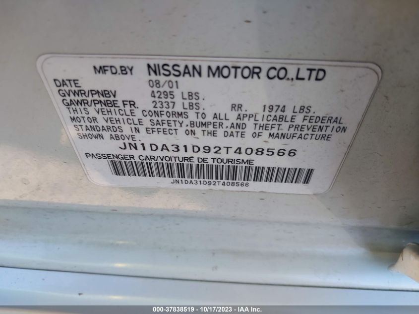 2002 Nissan Maxima Se VIN: JN1DA31D92T408566 Lot: 37838519