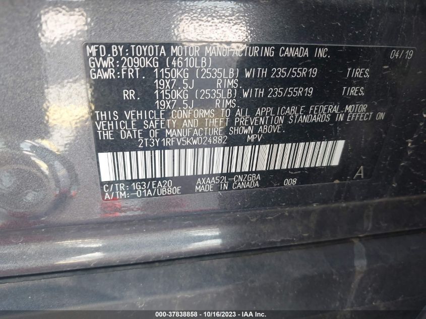 2019 Toyota Rav4 Limited VIN: 2T3Y1RFV5KW024882 Lot: 37838858