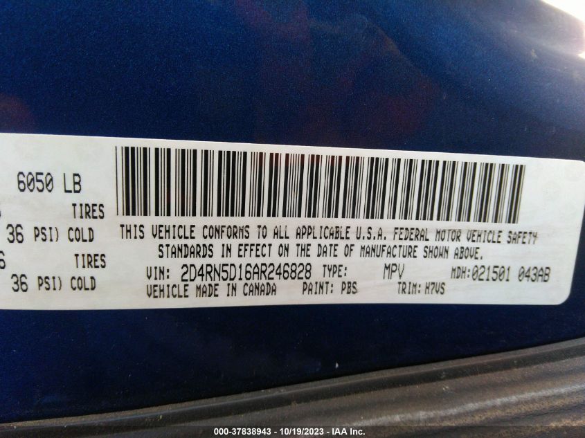 2010 Dodge Grand Caravan Sxt VIN: 2D4RN5D16AR246828 Lot: 37838943