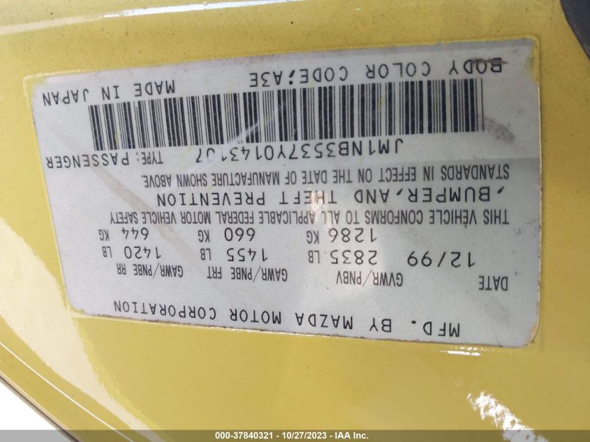 2000 Mazda Mx-5 Miata Base/Ls VIN: JM1NB3537Y0143107 Lot: 37840321