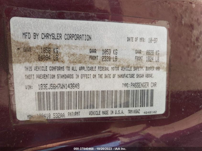 1B3EJ56H7WN143649 1998 Dodge Stratus Es