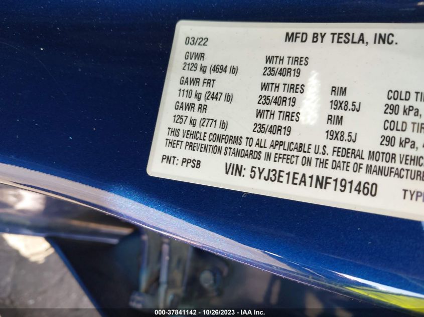 2022 Tesla Model 3 VIN: 5YJ3E1EA1NF191460 Lot: 37841142