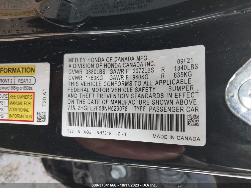 2HGFE2F58NH529078 2022 Honda Civic Sport