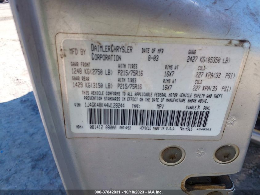 2004 Jeep Liberty Sport VIN: 1J4GK48K44W128244 Lot: 37842831