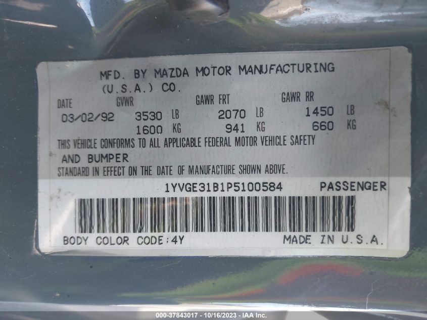 1993 Mazda Mx-6 Ls VIN: 1YVGE31B1P5100584 Lot: 37843017