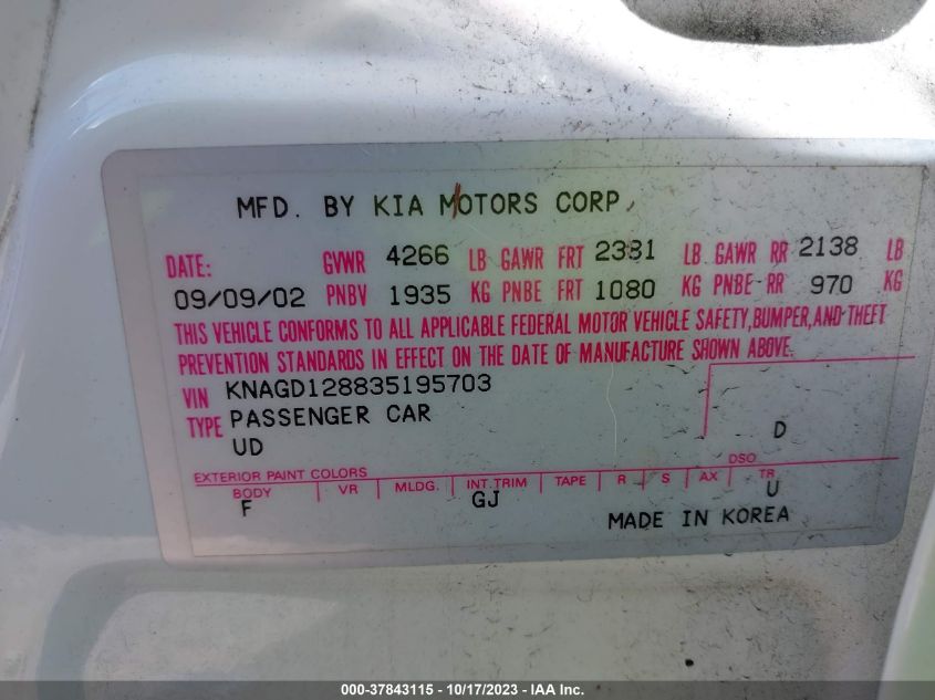 2003 Kia Optima Lx V6/Se VIN: KNAGD128835195703 Lot: 37843115