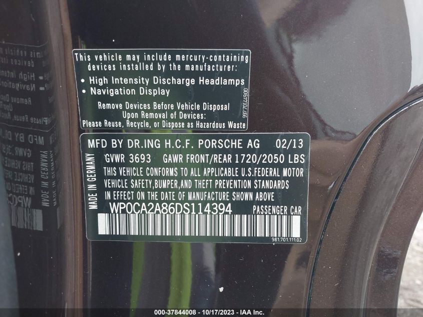 2013 Porsche Boxster VIN: WP0CA2A86DS114394 Lot: 37844008