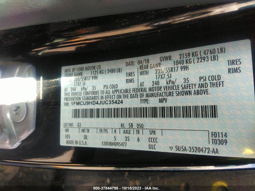 1FMCU9HD4JUC35424 2018 Ford Escape Sel