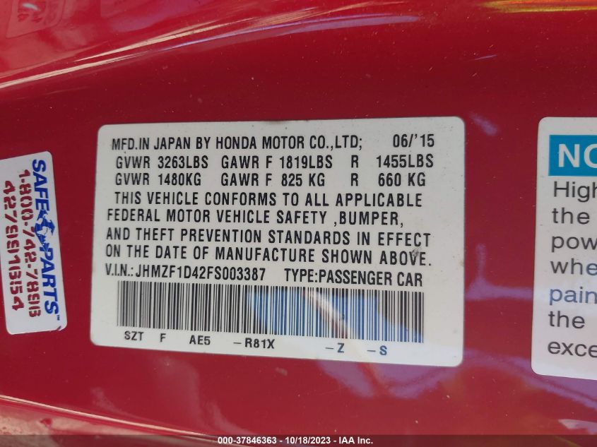 2015 Honda Cr-Z VIN: JHMZF1D42FS003387 Lot: 37846363