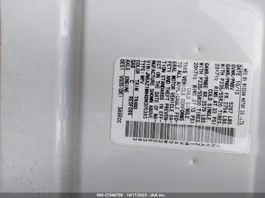 2013 Nissan Murano Le VIN: JN8AZ1MW4DW305393 Lot: 37846790