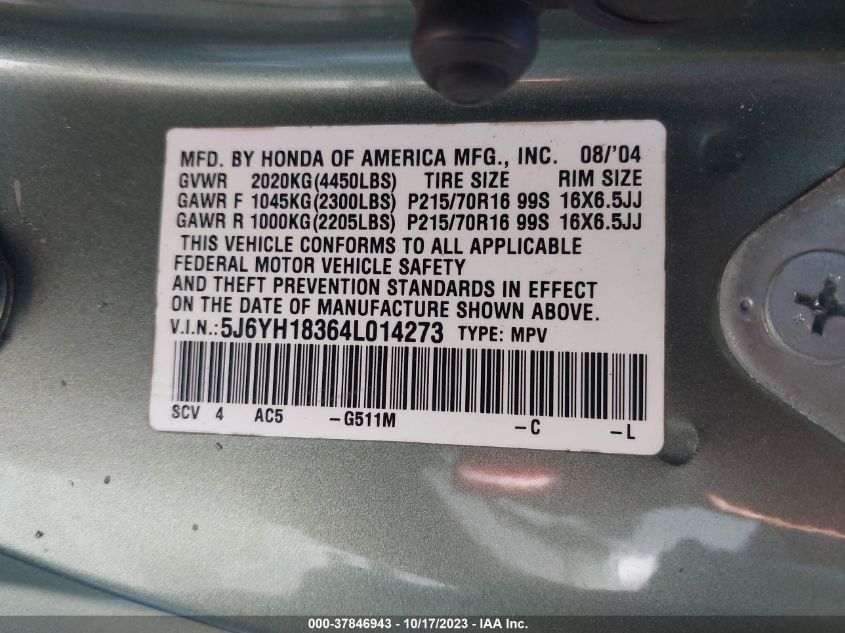 2004 Honda Element Lx VIN: 5J6YH18364L014273 Lot: 37846943