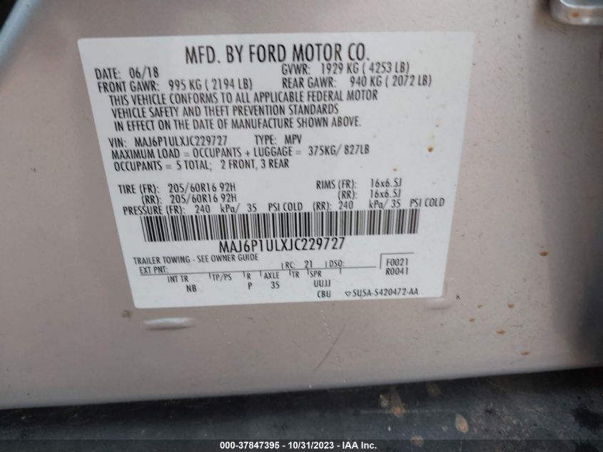 2018 Ford Ecosport Se VIN: MAJ6P1ULXJC229727 Lot: 37847395