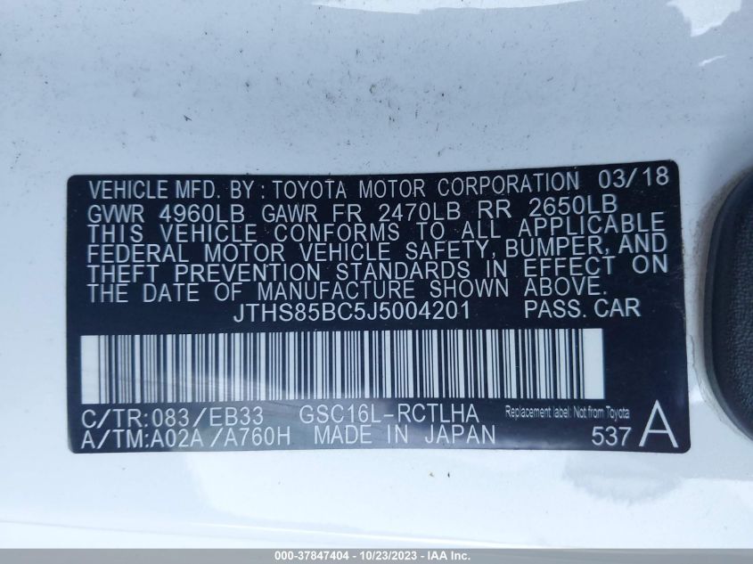 2018 Lexus Rc Rc 300 VIN: JTHS85BC5J5004201 Lot: 37847404