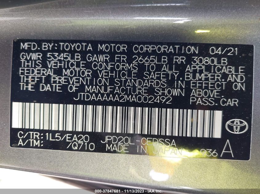 JTDAAAAA2MA002492 2021 Toyota Mirai Xle