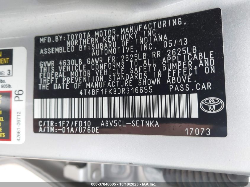 4T4BF1FK8DR316655 2013 Toyota Camry Le