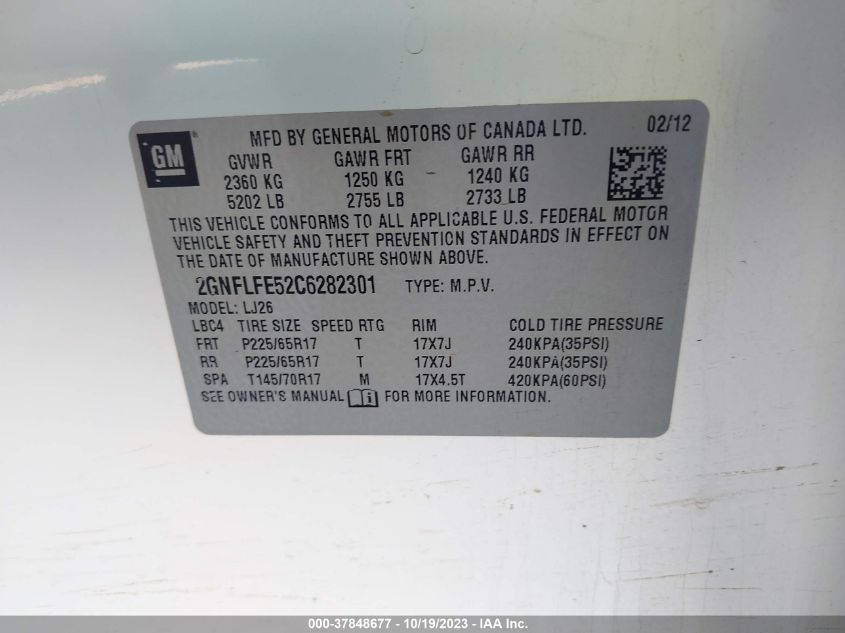 2012 Chevrolet Equinox Ltz VIN: 2GNFLFE52C6282301 Lot: 37848677