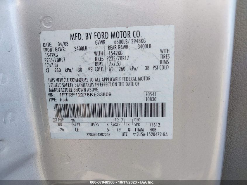 1FTRF12278KE33809 2008 Ford F-150 Xlt/Stx/Xl