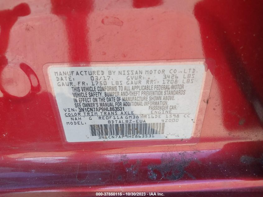 2017 Nissan Versa Sedan Sv VIN: 3N1CN7AP9HL863531 Lot: 37850115