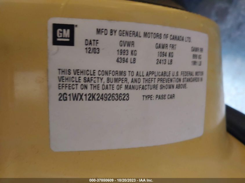 2004 Chevrolet Monte Carlo Ss VIN: 2G1WX12K249263623 Lot: 37850609