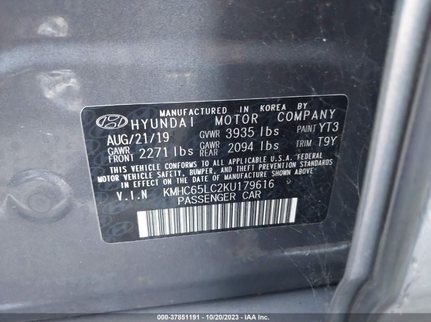 2019 Hyundai Ioniq Hybrid Blue VIN: KMHC65LC2KU179616 Lot: 37851191