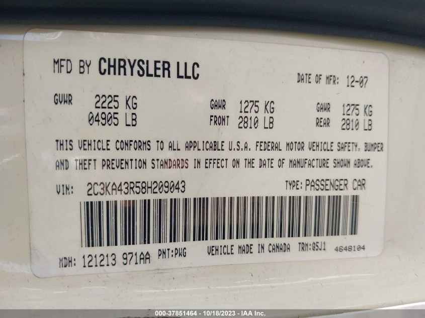 2C3KA43R58H209043 2008 Chrysler 300 Lx