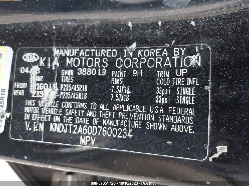 2013 Kia Soul ! VIN: KNDJT2A60D7600234 Lot: 37851725