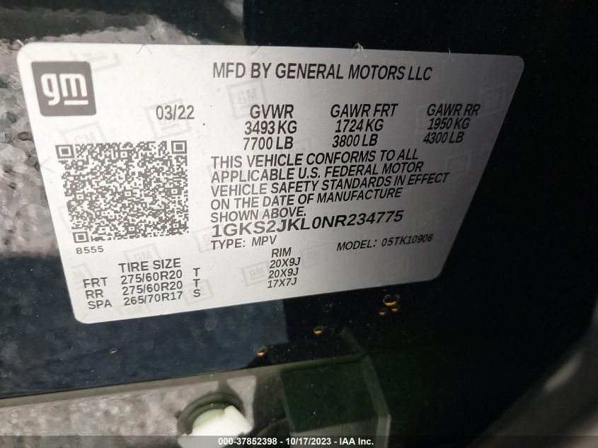 2022 GMC Yukon Xl Denali VIN: 1GKS2JKL0NR234775 Lot: 37852398