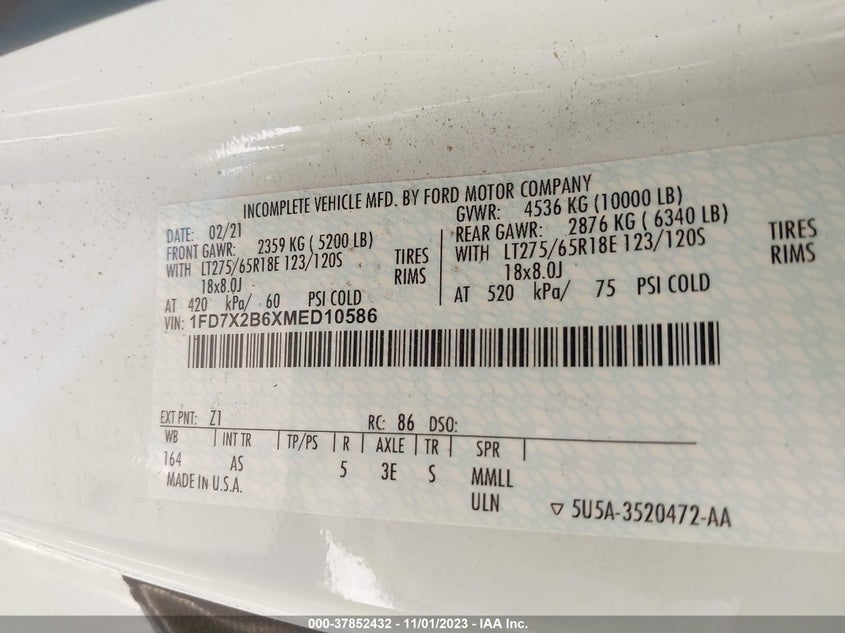 2021 Ford Super Duty F-250 Srw Xl/Xlt/Lariat VIN: 1FD7X2B6XMED10586 Lot: 37852432