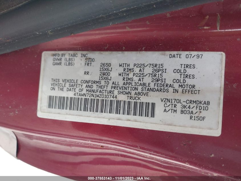 1998 Toyota Tacoma VIN: 4TAWN72N1WZ010744 Lot: 37853143