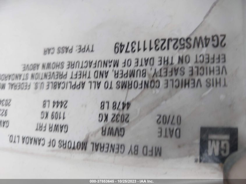 2003 Buick Century Custom VIN: 2G4WS52J231113749 Lot: 37853645