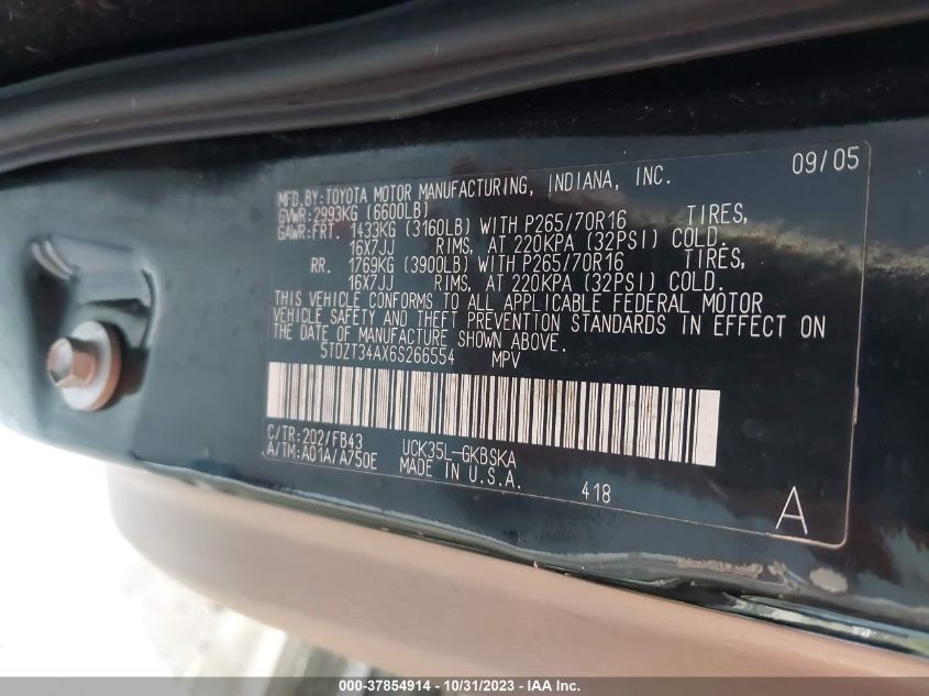 2006 Toyota Sequoia Sr5 VIN: 5TDZT34AX6S266554 Lot: 37854914