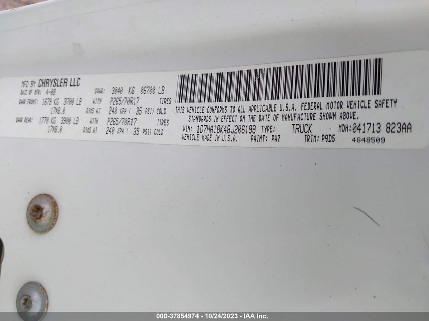 2008 Dodge Ram 1500 St VIN: 1D7HA18K48J206199 Lot: 37854974