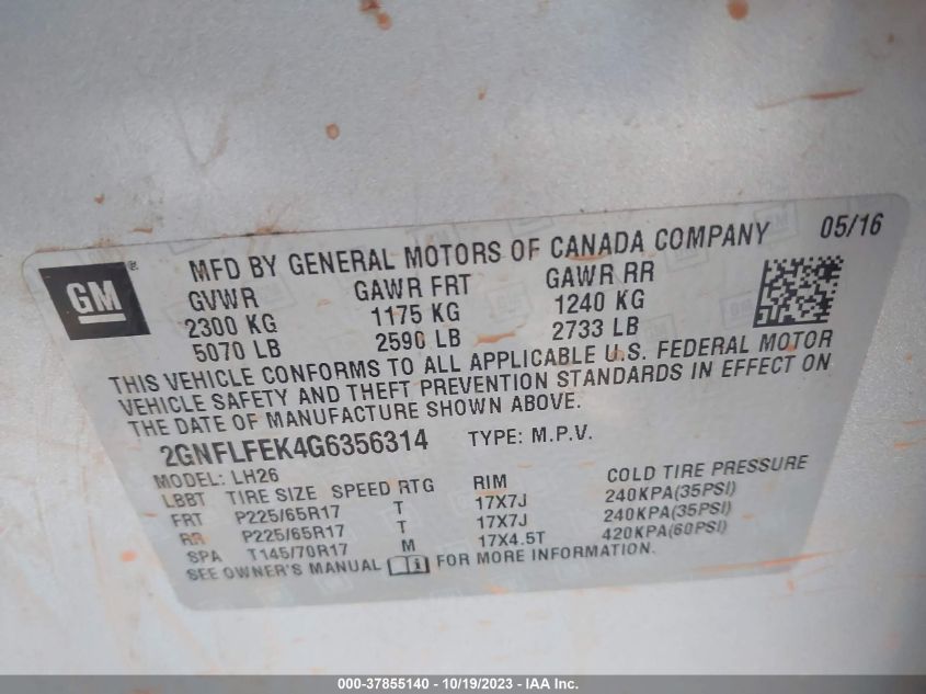 2016 Chevrolet Equinox Lt VIN: 2GNFLFEK4G6356314 Lot: 37855140