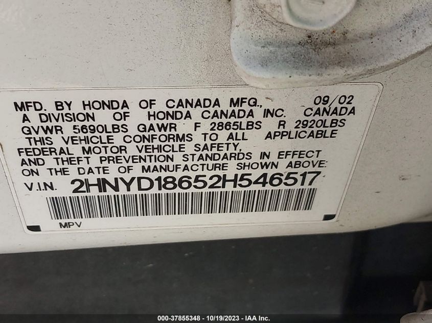 2002 Acura Mdx Touring Pkg VIN: 2HNYD18652H546517 Lot: 37855348